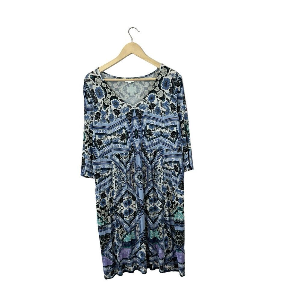 J Jill Medium Dress Bohemian Blue 3/4 Sleeve Knee Length Stretch Womens